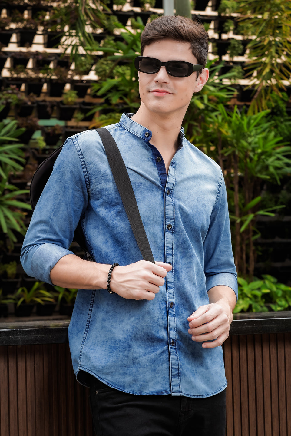 Shop Light Blue Chinese Collar Denim Shirt for Men Online Bushirt