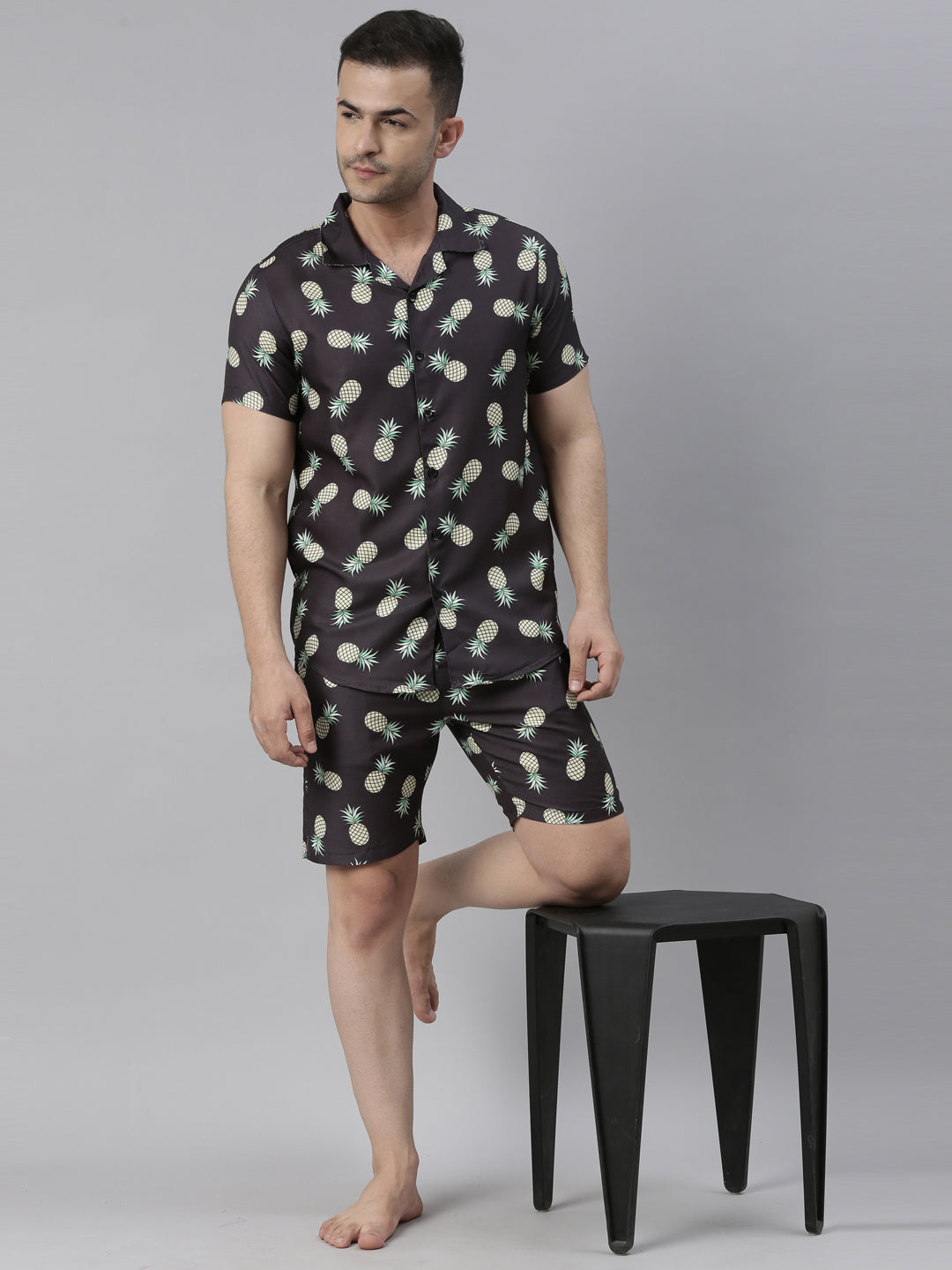 Tropical Pineapple Black Night Suits Bushirt