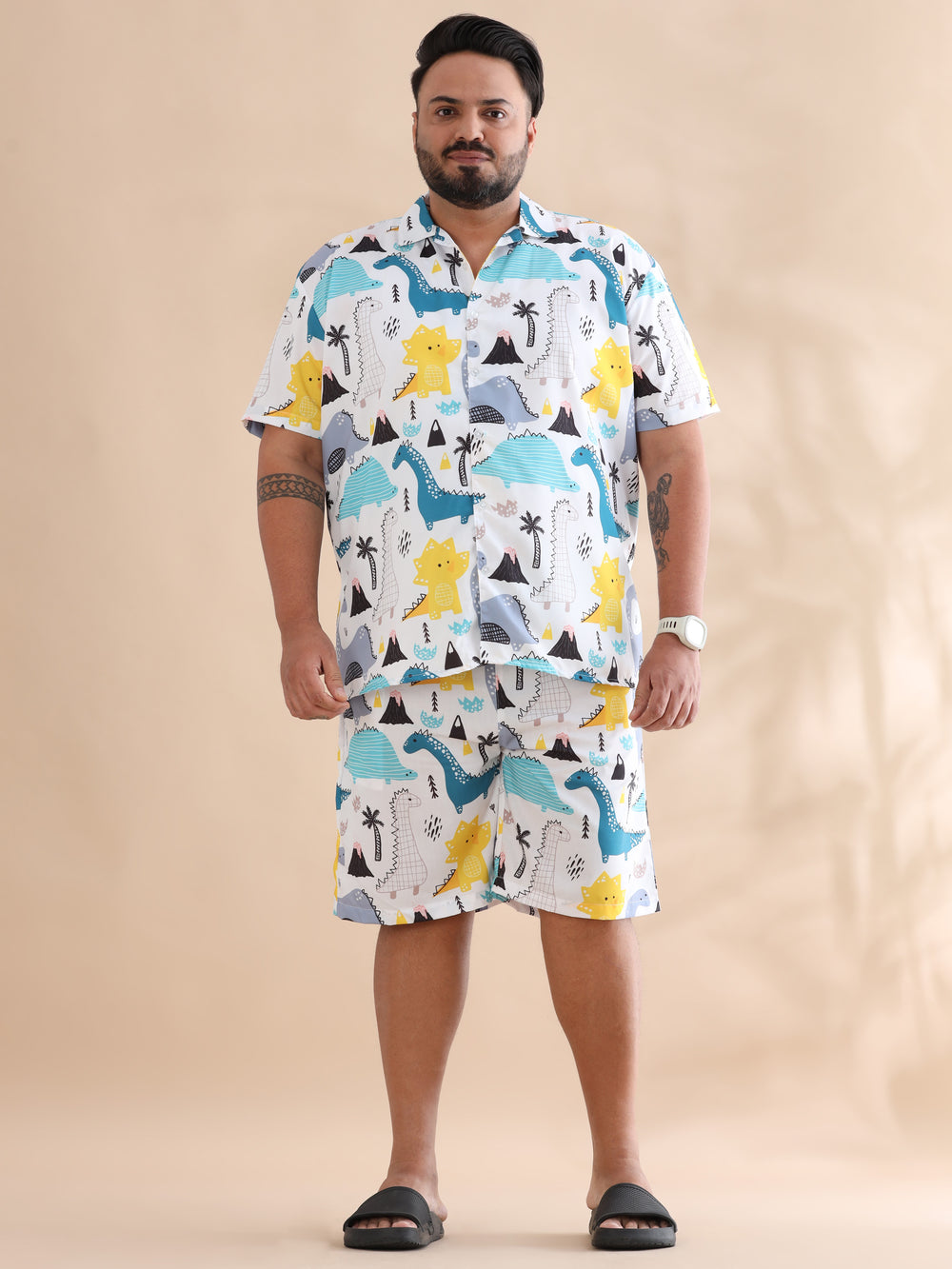 Cartoon Dino White Plus Size Co-Ords Plus Size Co-Ords Bushirt   