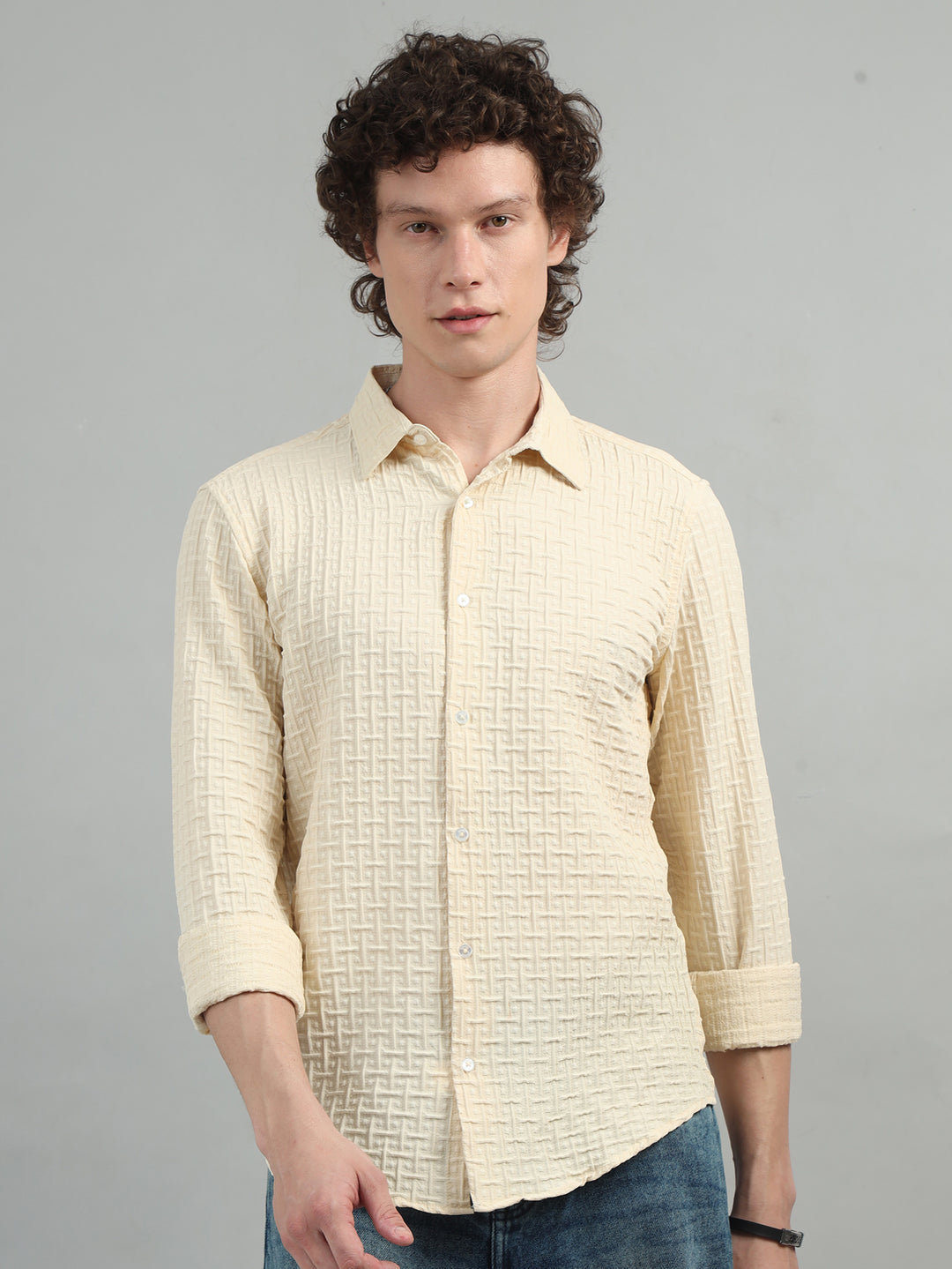 Cream Solid Bubble Shirt Solid Shirt Bushirt   