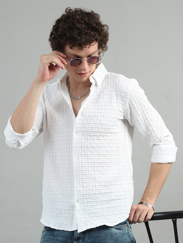 White Solid Bubble Shirt Solid Shirt Bushirt   