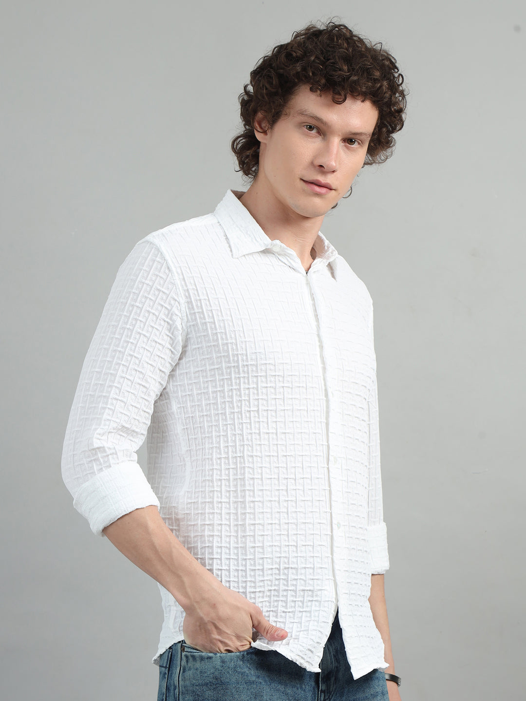 White Solid Bubble Shirt Solid Shirt Bushirt   