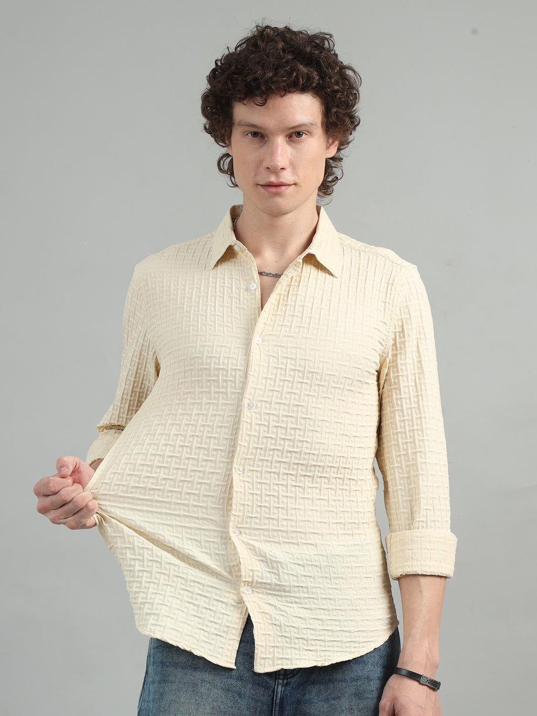 Cream Solid Bubble Shirt Solid Shirt Bushirt   