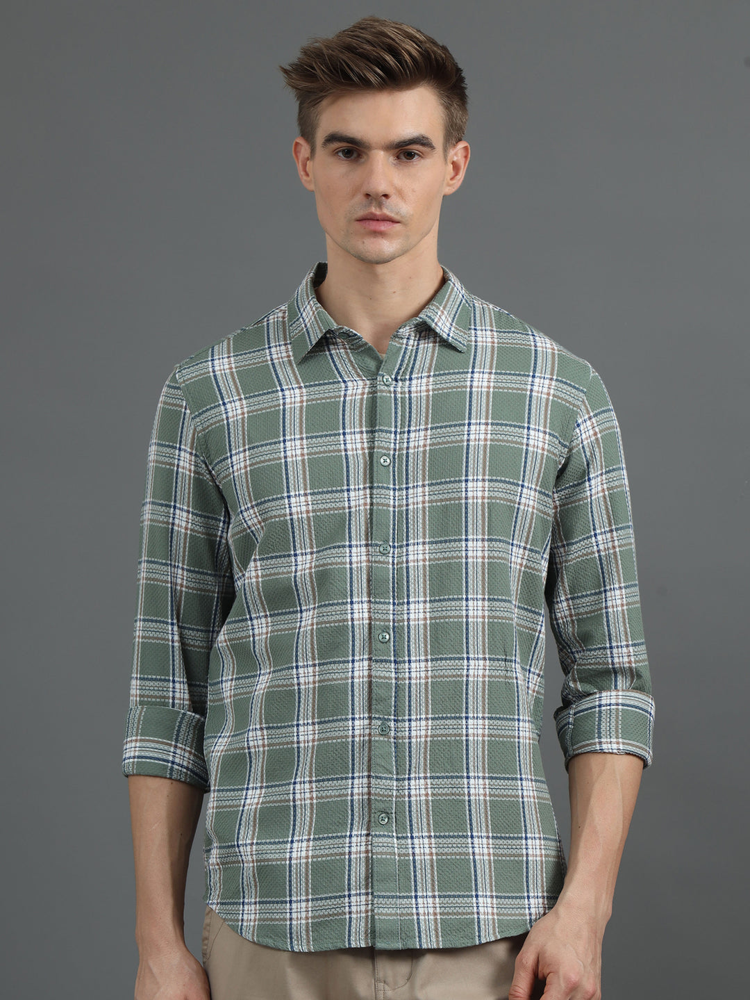 Tonal Sage Green Checked Shirt Checks Shirt Bushirt   