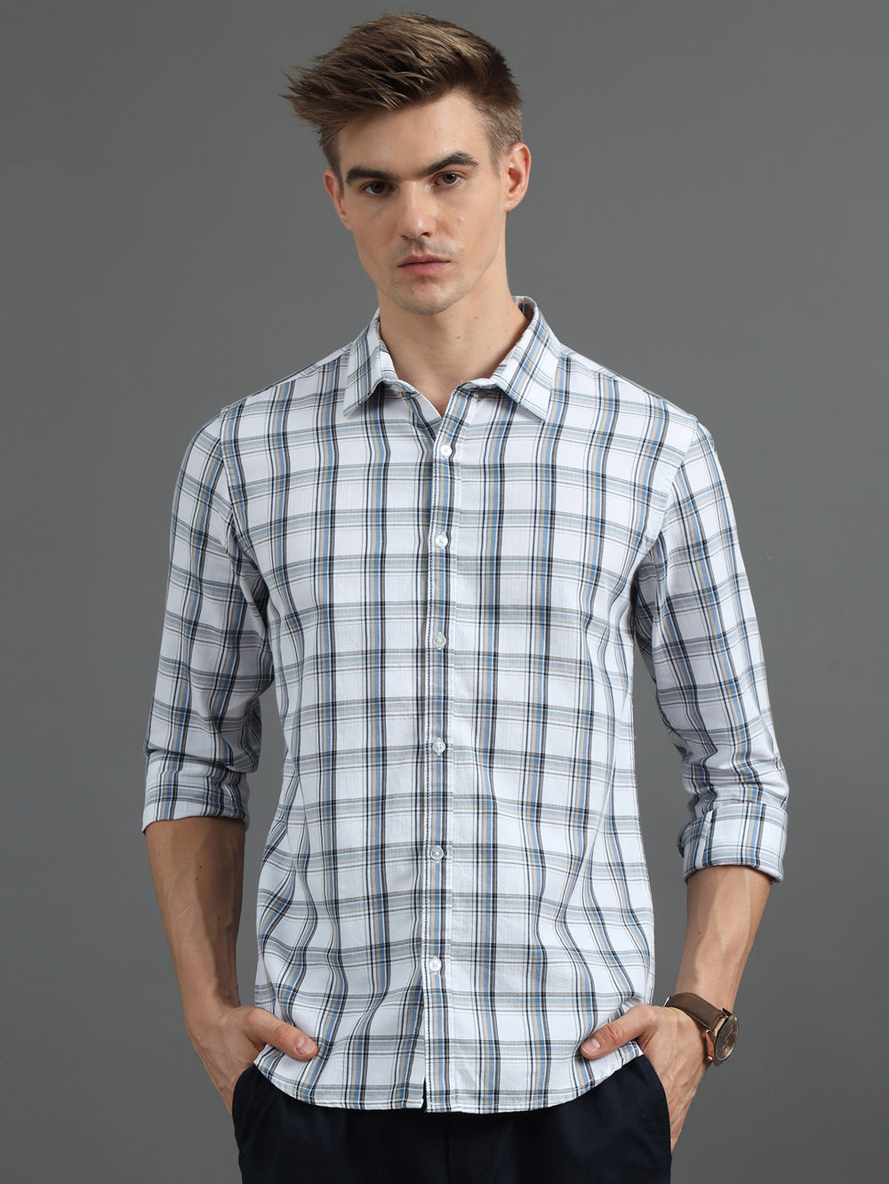 Parallel Grid White Checked Shirt Checks Shirt Bushirt   