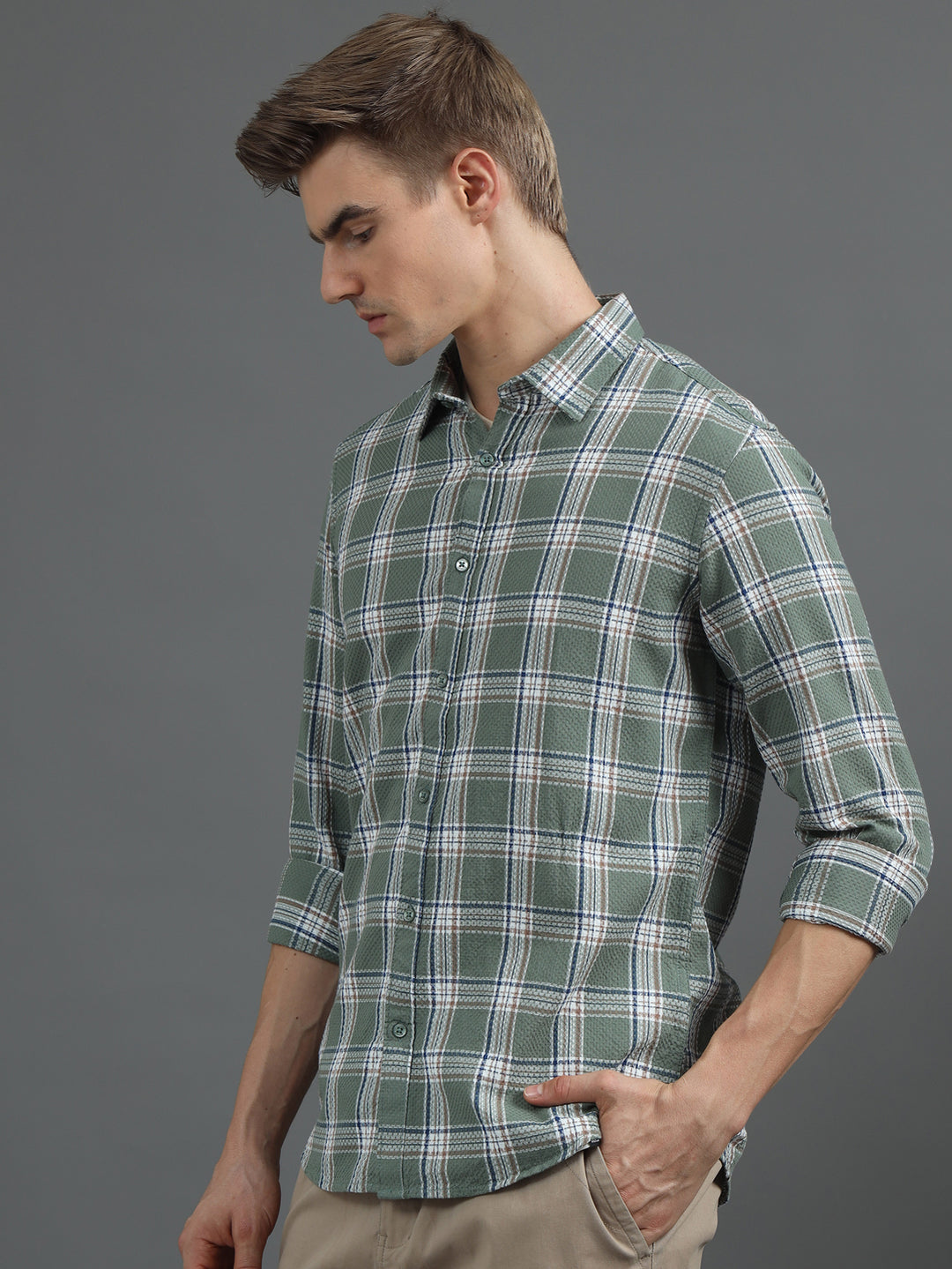 Tonal Sage Green Checked Shirt Checks Shirt Bushirt   