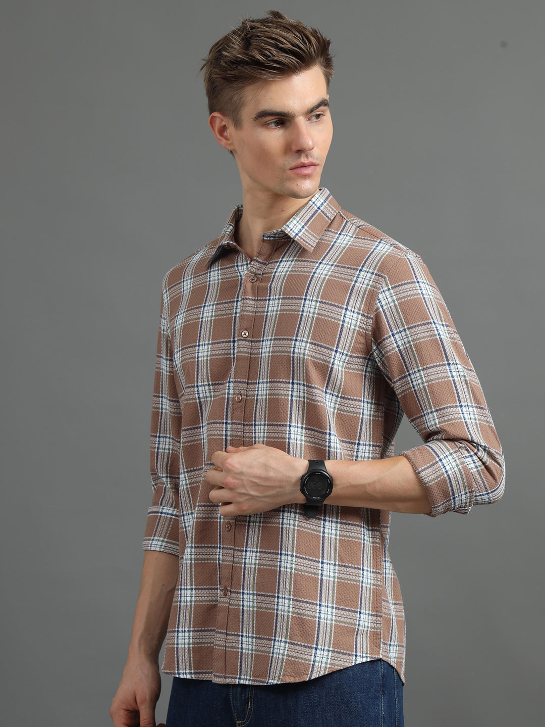 Tonal Tuscan Brown Checked Shirt Checks Shirt Bushirt   