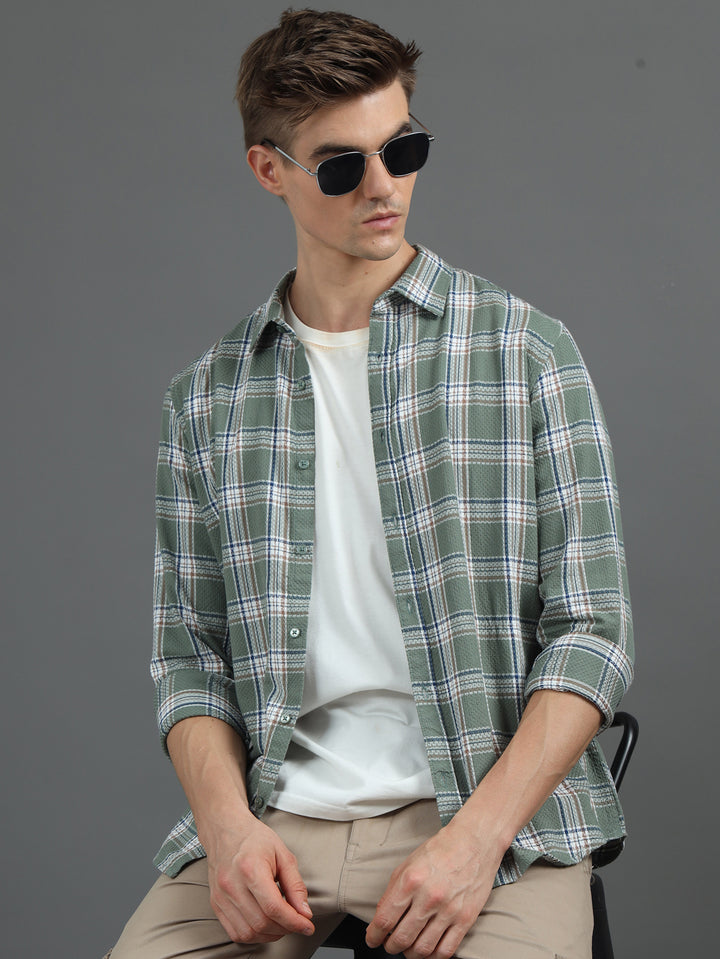 Tonal Sage Green Checked Shirt Checks Shirt Bushirt   