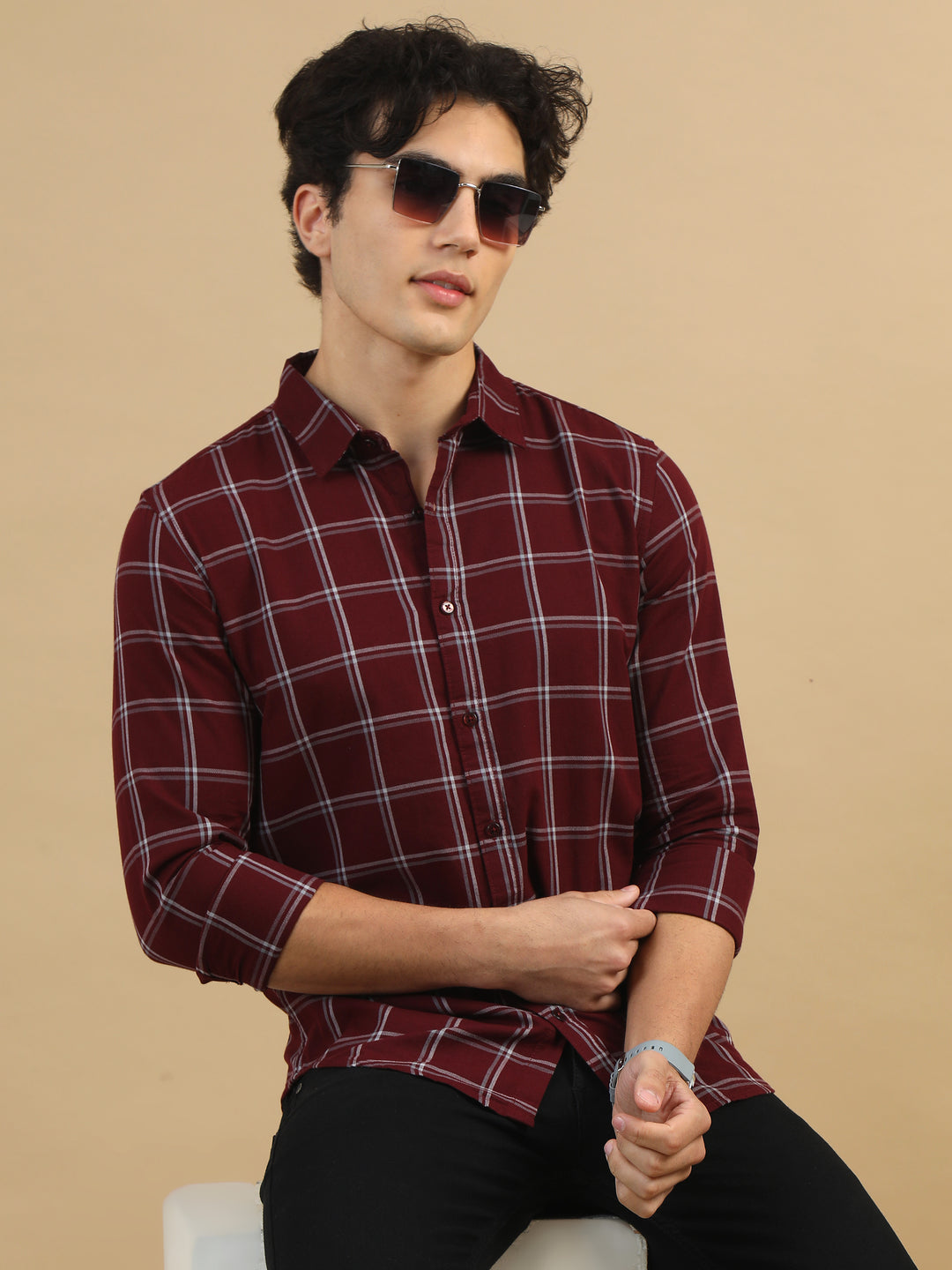 Savvy Squares Burgundy Checks Shirt Checks Shirt Bushirt   