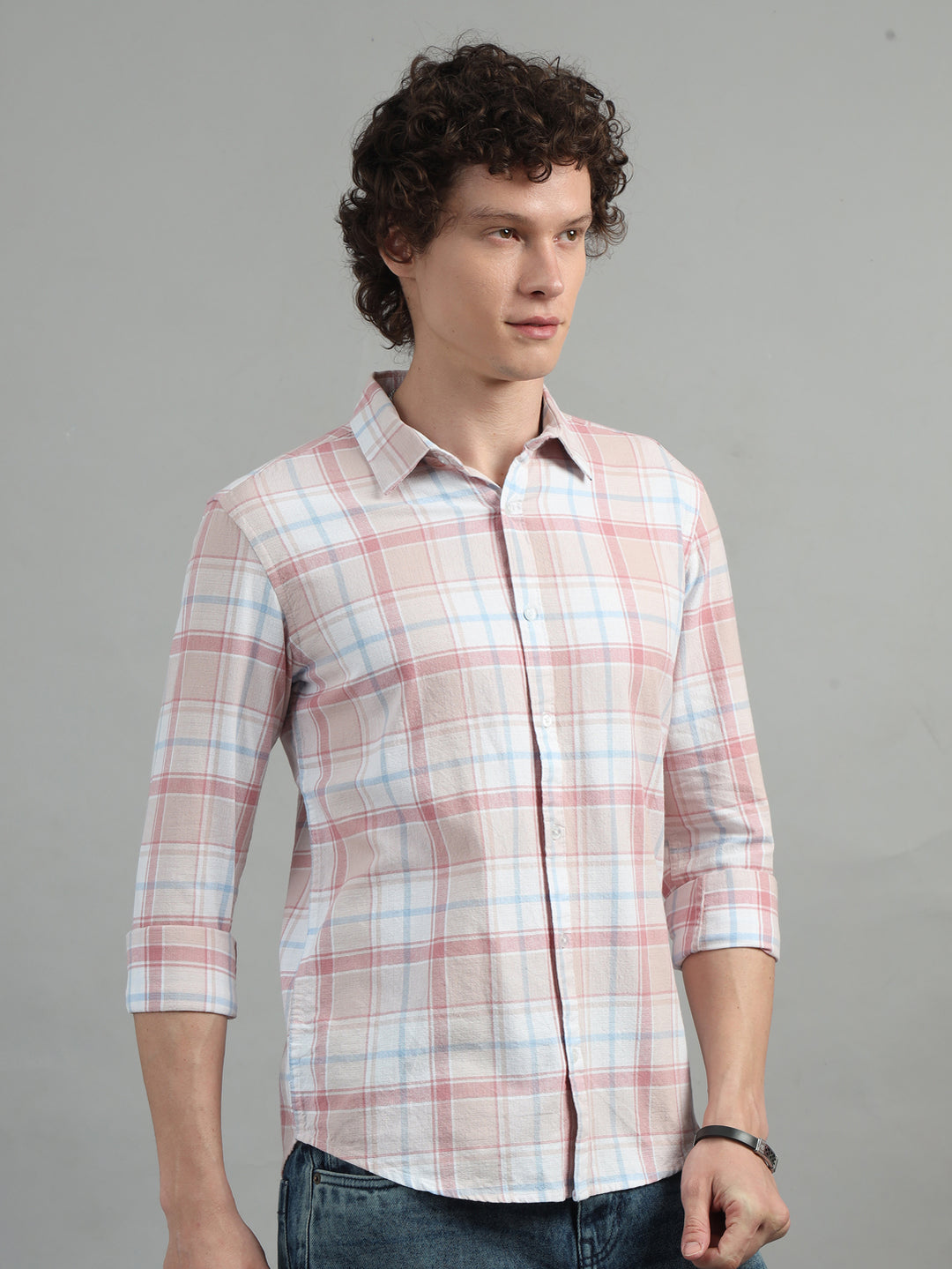 Textured Pastel Pink Checked Shirt Checks Shirt Bushirt   