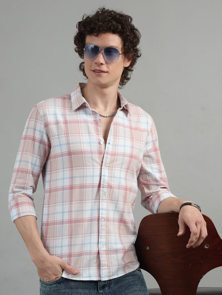 Textured Pastel Pink Checked Shirt Checks Shirt Bushirt   