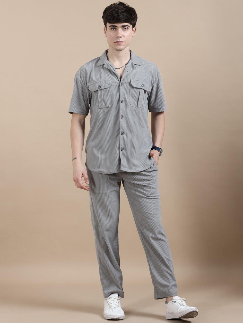 Pastel Grey Corduroy Oversize Co-Ords Oversize Co-ords Bushirt   