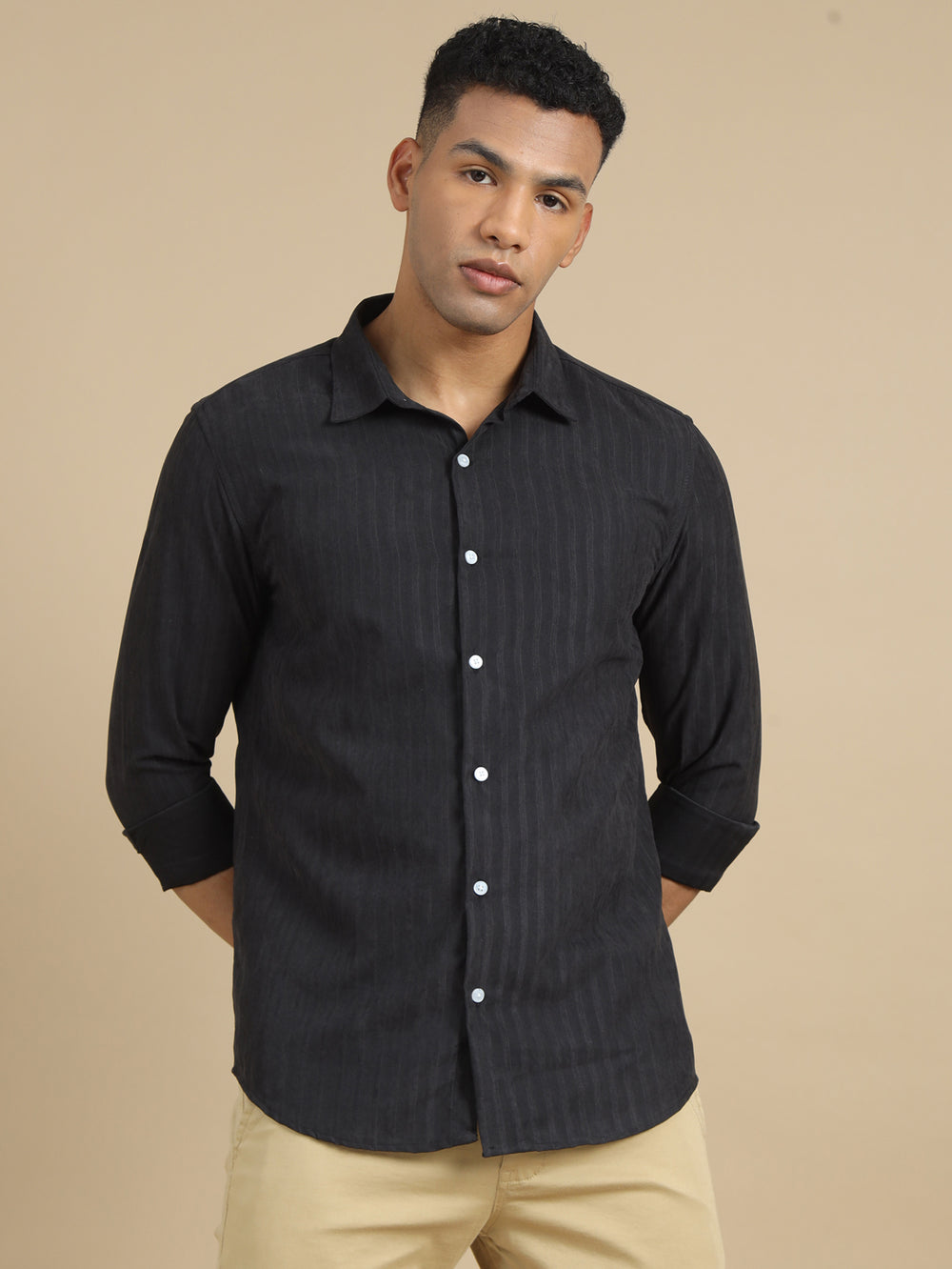 Jet Black Solid Harring Bone Shirt Solid Shirt Bushirt   