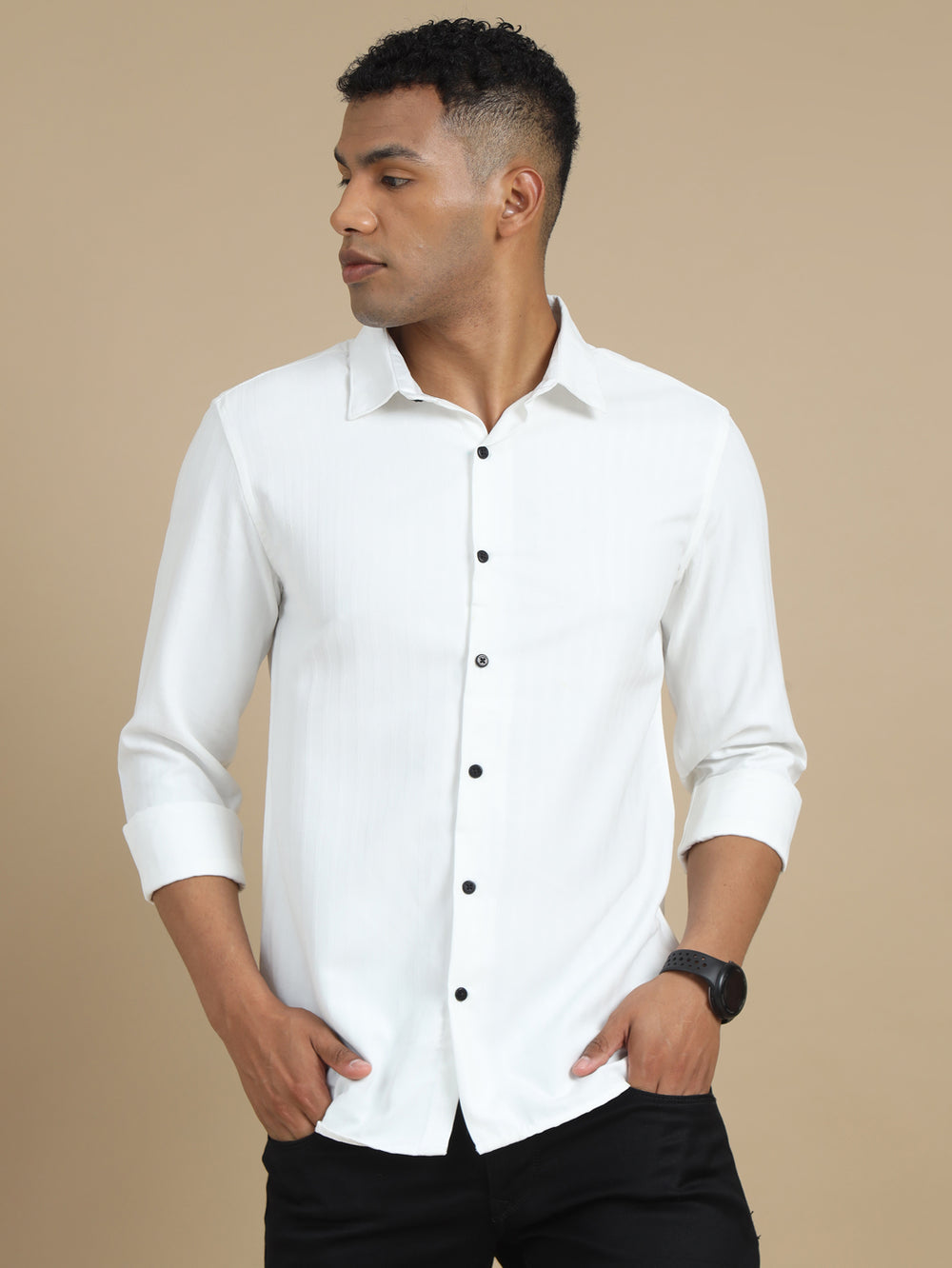 White Harring Bone Solid Shirt Solid Shirt Bushirt   