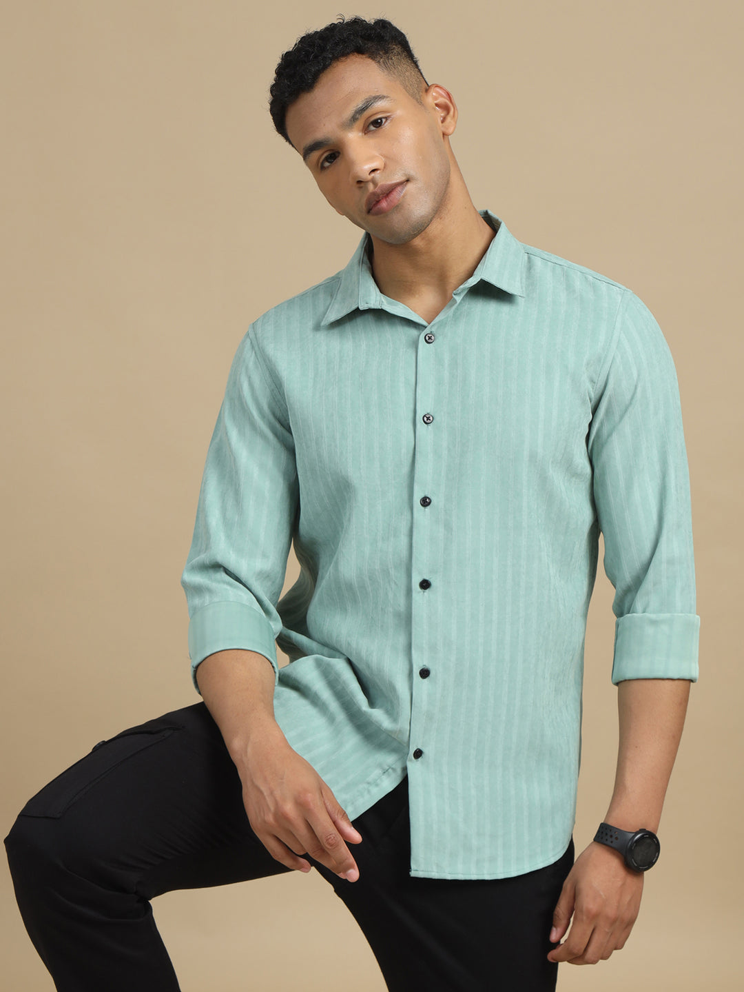 Laurel Green Solid Harring Bone Shirt Solid Shirt Bushirt   