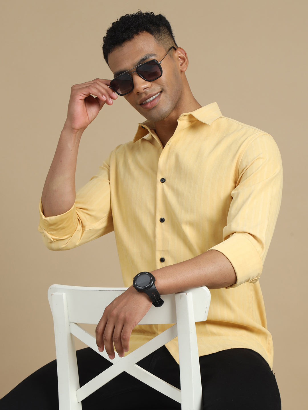 Spanish Yellow Solid Harring Bone Shirt Solid Shirt Bushirt   