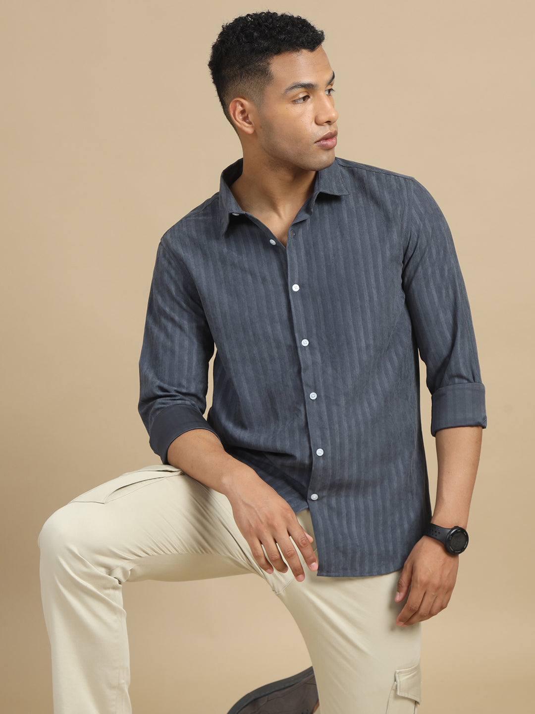 Warm Grey Solid Harring Bone Shirt Solid Shirt Bushirt   