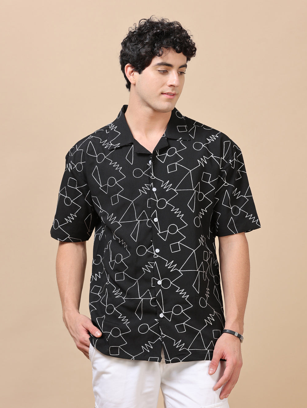 Abstract Black Embroidery Shirt Oversize Shirt Bushirt   