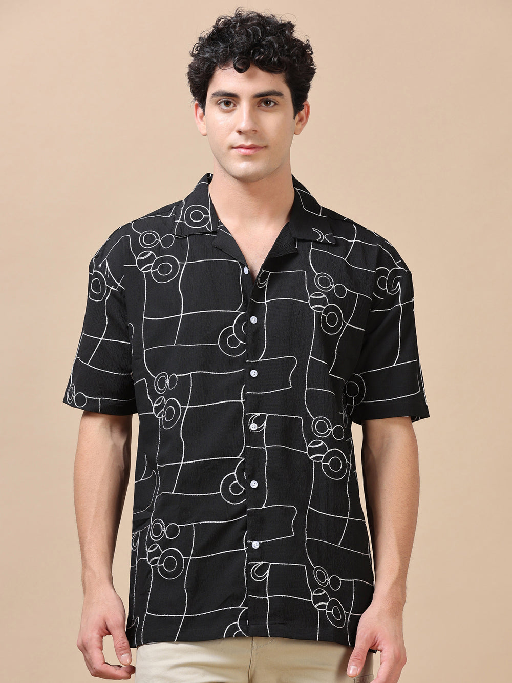 Circle Line Black Embroidery Shirt Oversize Shirt Bushirt   