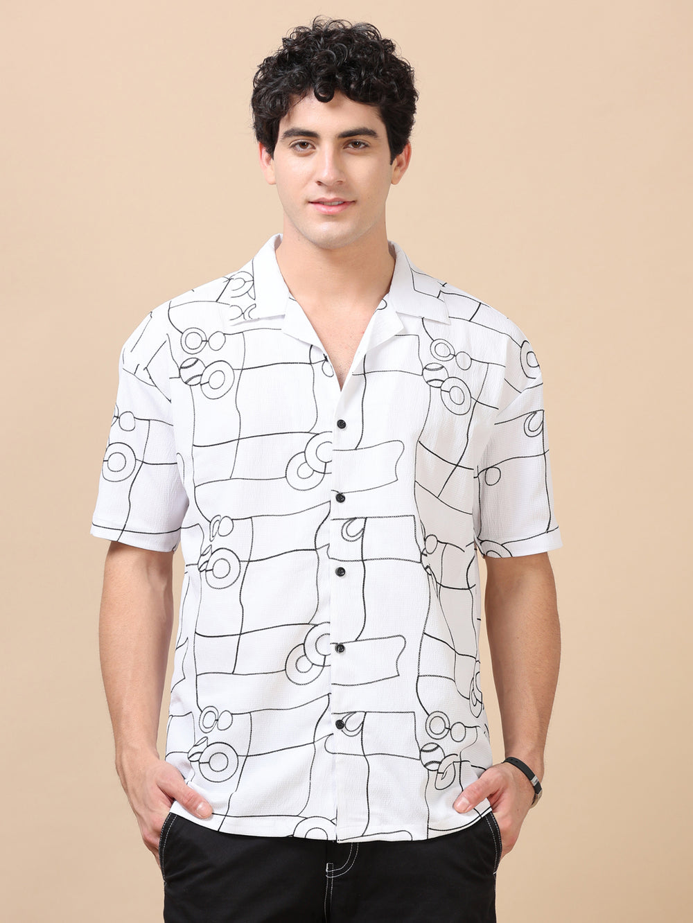 Circle Line White Embroidery Shirt Oversize Shirt Bushirt   