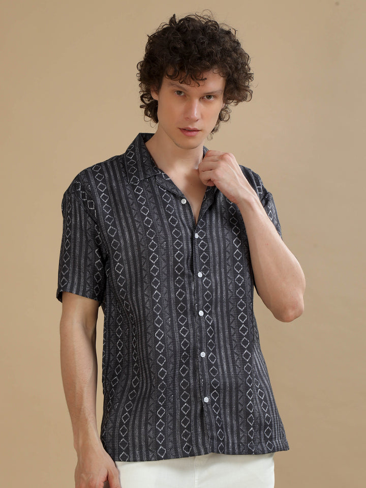 Ethnic Strips Dark Grey Oversize Shirt Oversize Printed Shirt Bushirt   