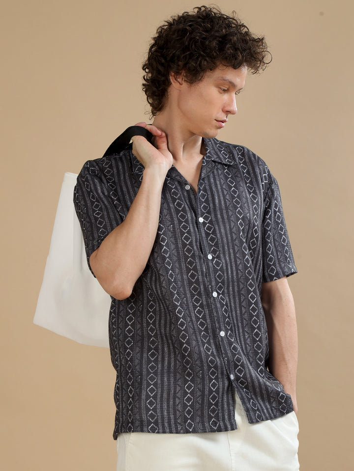 Ethnic Strips Dark Grey Oversize Shirt Oversize Printed Shirt Bushirt   