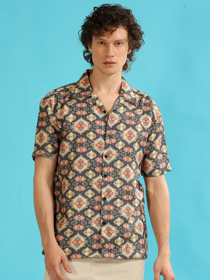 Geometric Slate Grey Oversize Shirt Oversize Printed Shirt Bushirt   