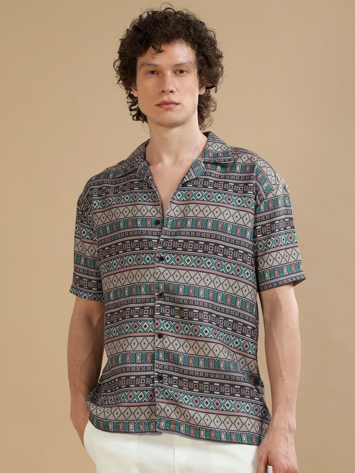 Tribe Olive Oversize Shirt Oversize Printed Shirt Bushirt   