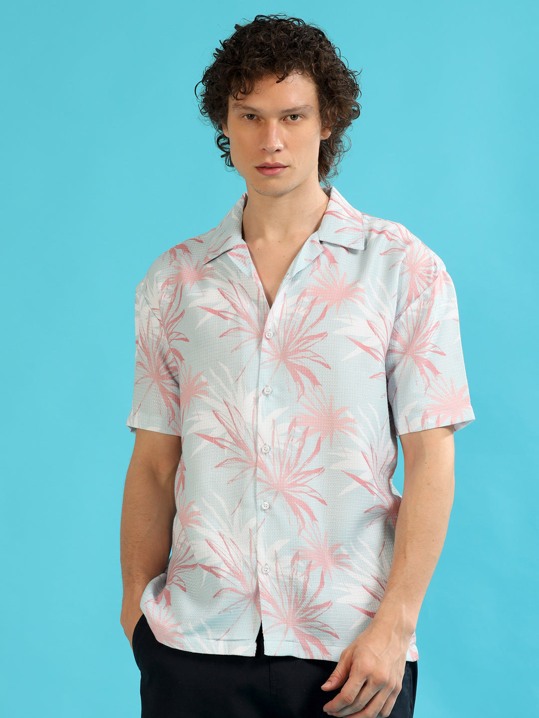 Cycas Palm Alice Blue Oversize Shirt Oversize Printed Shirt Bushirt   