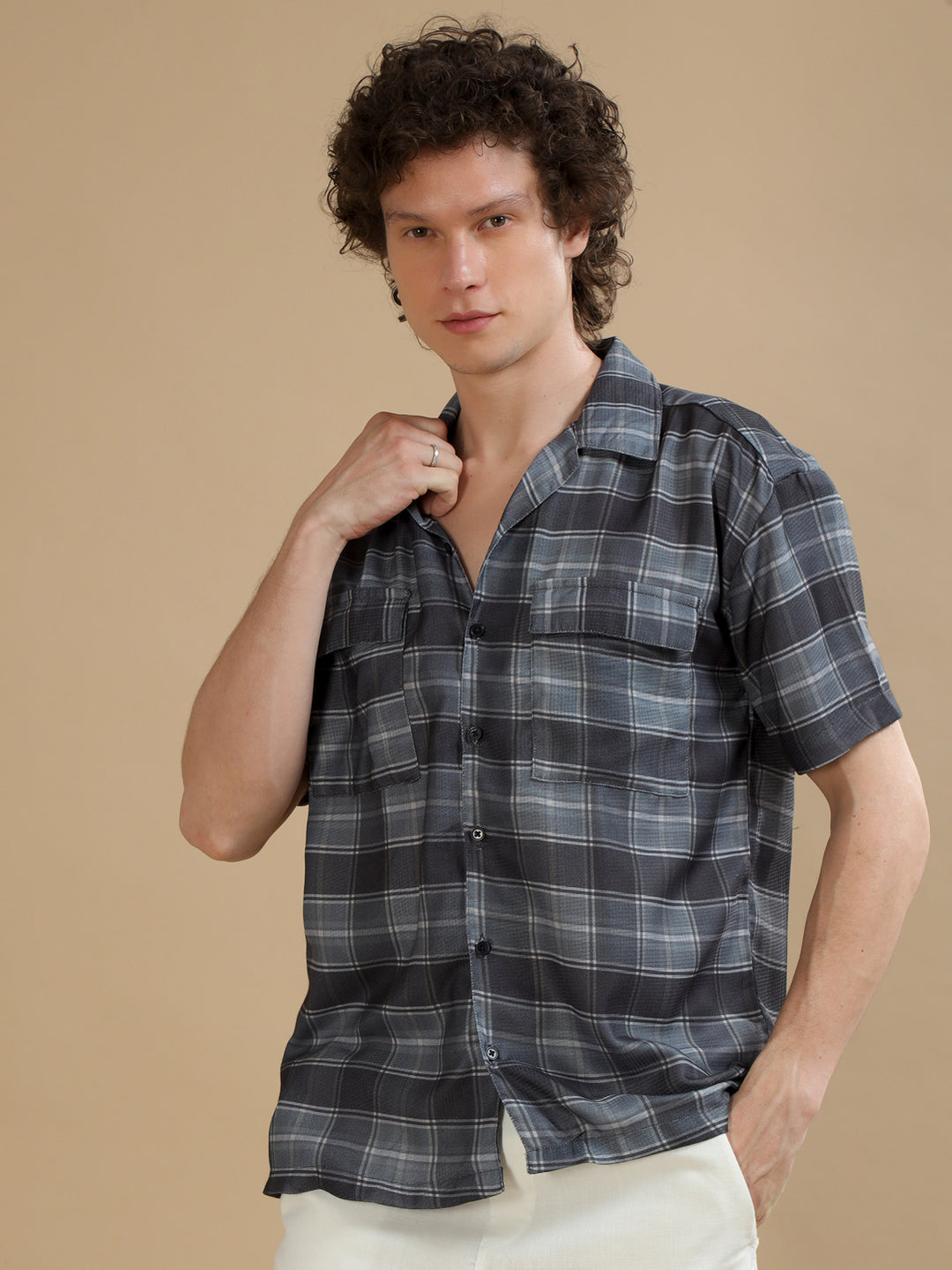 Tartan Square Slate Grey Checks Oversize Shirt Oversize Printed Shirt Bushirt   