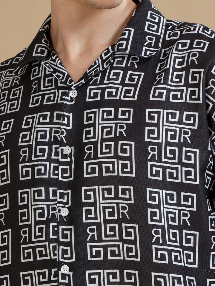 Abstract Black Oversize Shirt Oversize Printed Shirt Bushirt   