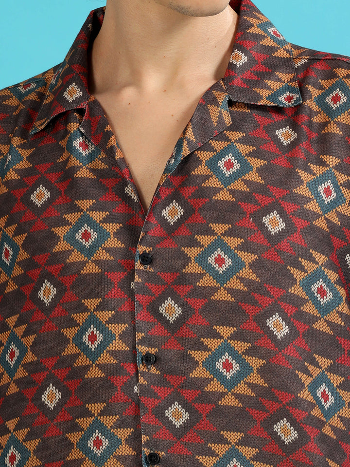 Geometric Brown Oversize Shirt Oversize Printed Shirt Bushirt   
