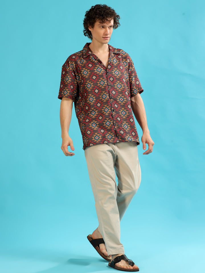 Geometric Brown Oversize Shirt Oversize Printed Shirt Bushirt   