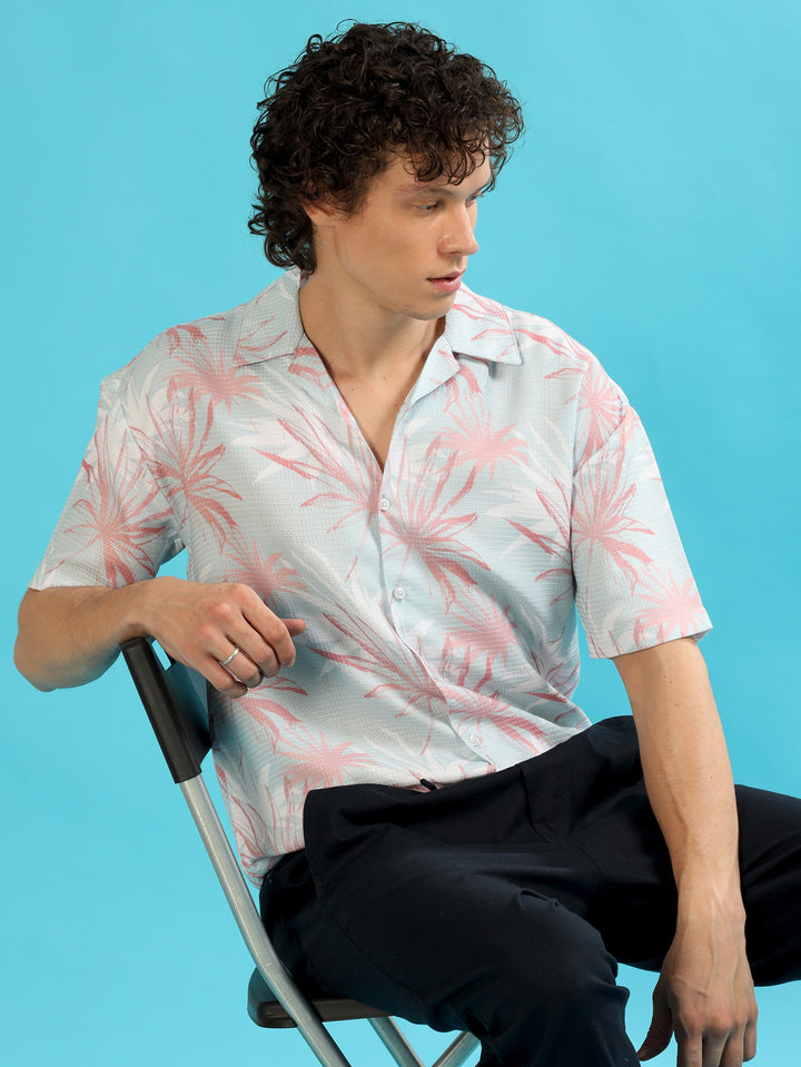Cycas Palm Alice Blue Oversize Shirt Oversize Printed Shirt Bushirt   