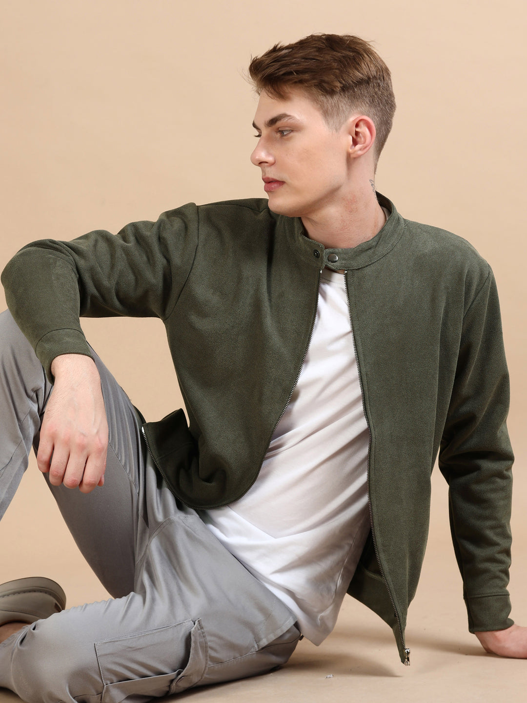 Suede Green Solid Jacket Jackets Bushirt   