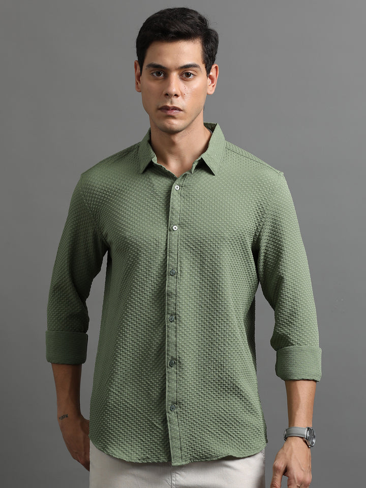 Waffle Fern Green Solid Shirt Solid Shirt Bushirt   