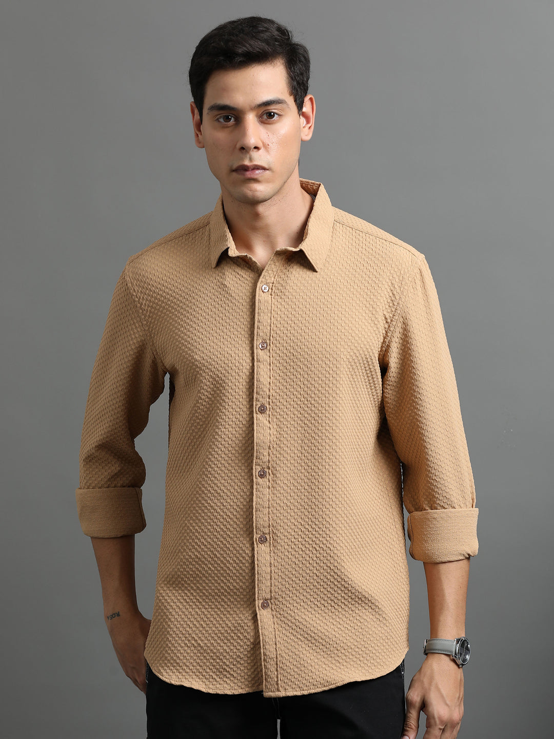 Waffle Bronze Solid Shirt Solid Shirt Bushirt   