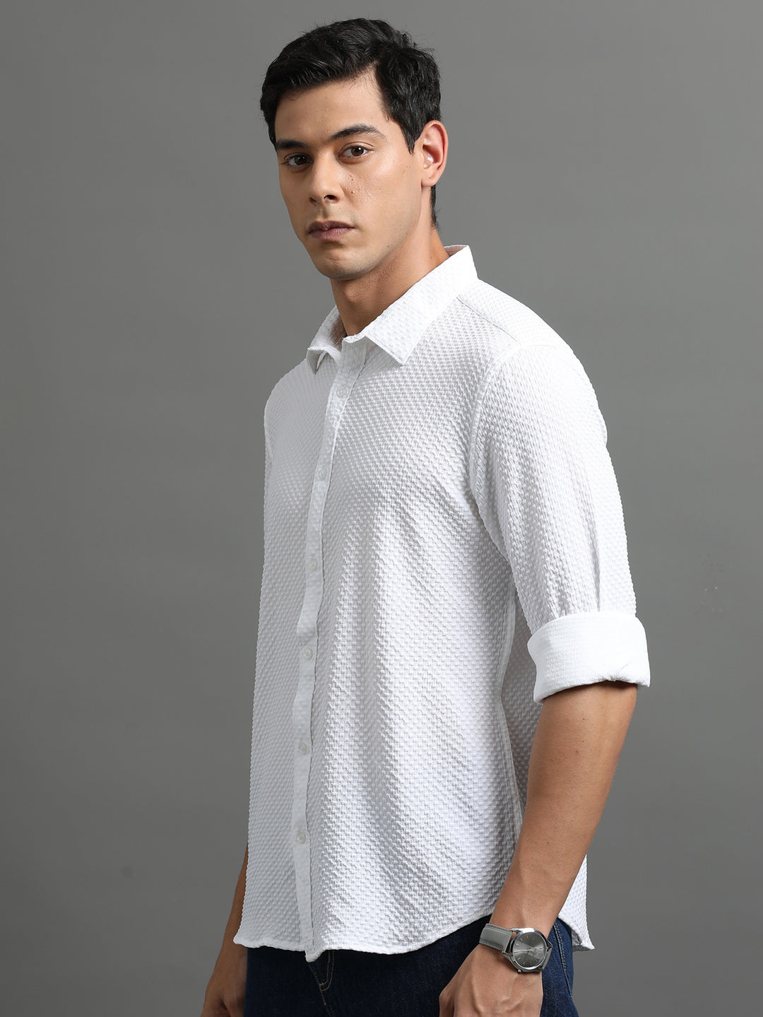 Waffle White Solid Shirt Solid Shirt Bushirt   