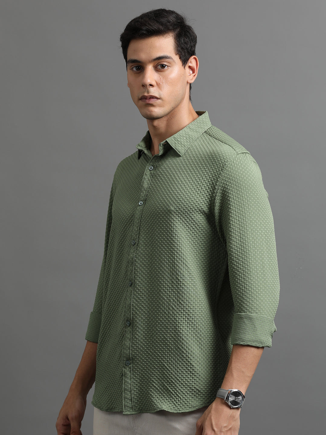 Waffle Fern Green Solid Shirt Solid Shirt Bushirt   