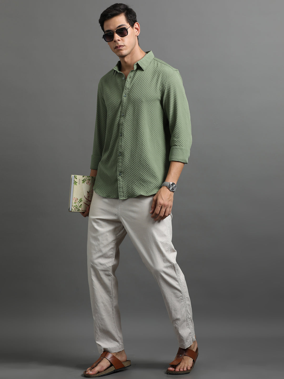 Waffle Fern Green Solid Shirt Solid Shirt Bushirt   