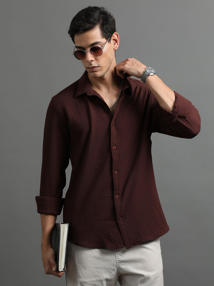 Waffle Deep Brown Solid Shirt Solid Shirt Bushirt   