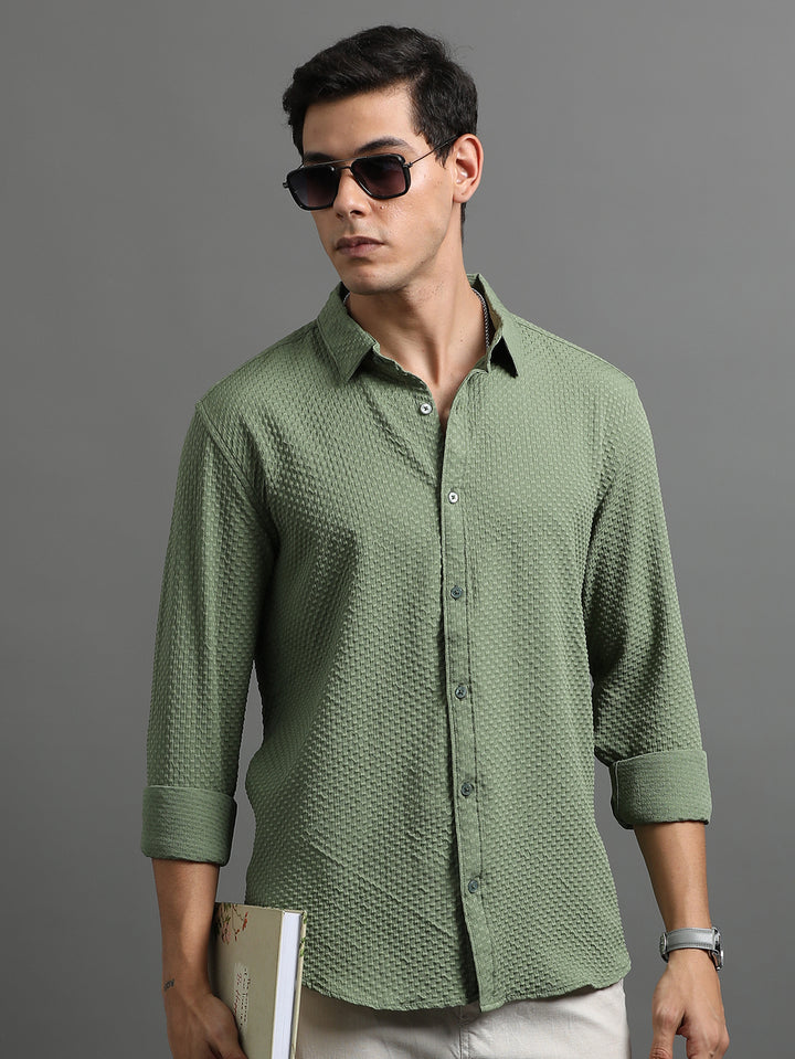 Waffle Fern Green Solid Shirt Solid Shirt Bushirt   